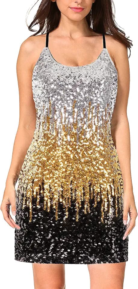 MANER Women's Glitter Sequin Dress Adjustable Spaghetti Strap Sparkle Party Dresses