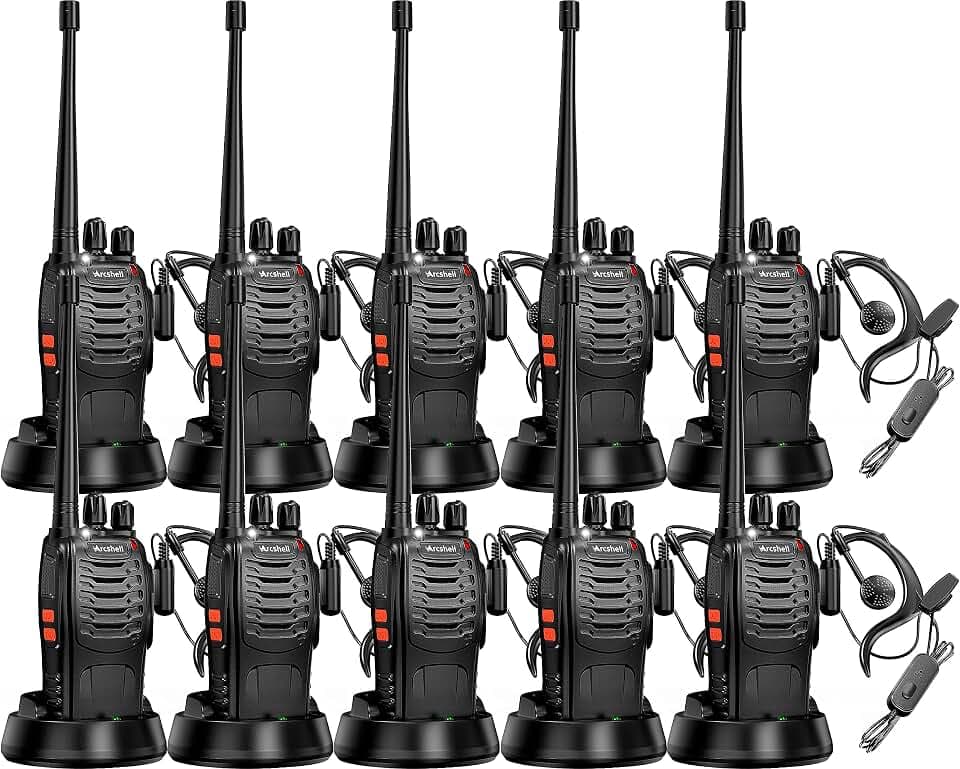 Rechargeable Long Range Two-Way Radios with Earpiece 10 Pack Arcshell AR-5 Walkie Talkies Li-ion Battery and Charger Included (10 Pack)