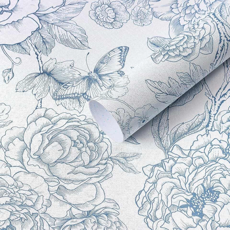 Safiyya Peel and Stick Wallpaper Floral Contact Paper Blue and White Wall Paper Peony Removable Self Adhesive Wallpaper for Bedroom Bathroom 17.3''×118''