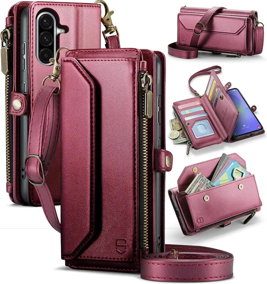 Strapurs for Samsung Galaxy A36 5G - Zipper Strap Wallet Case, Wine Red