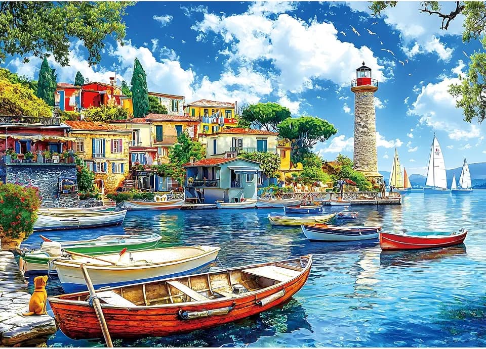 1000 Piece Jigsaw Puzzle for Adults Seaside Harbor Colorful Houses Lighthouse Sailboats Scene Beautiful Mediterranean Sea Landscape Challenging Coastal Village Puzzle for Adults Families27.6 x19.7