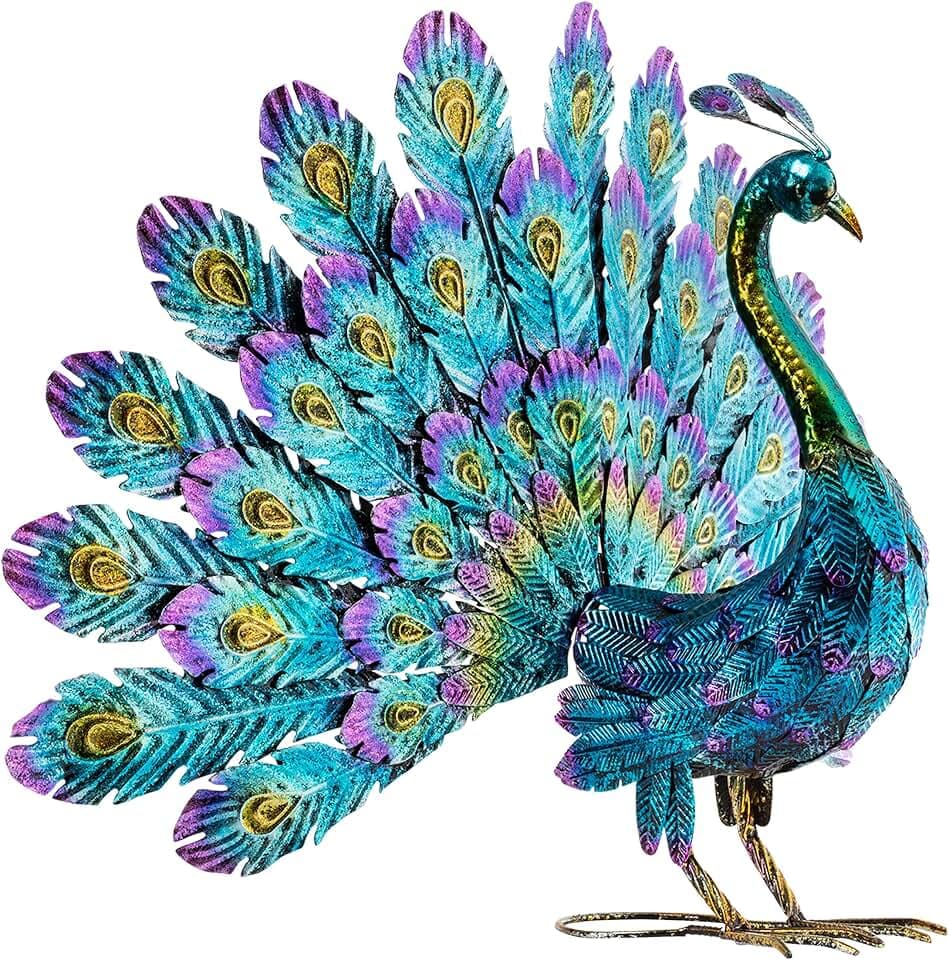 Alpine Corporation 23" Tall Outdoor Metal Peacock Statue, Multicolor