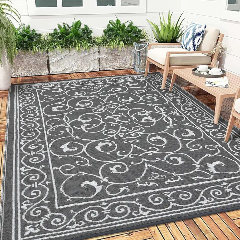 Garvee 8x10 Outdoor Rug Waterproof Plastic Straw Rug Vintage Grey