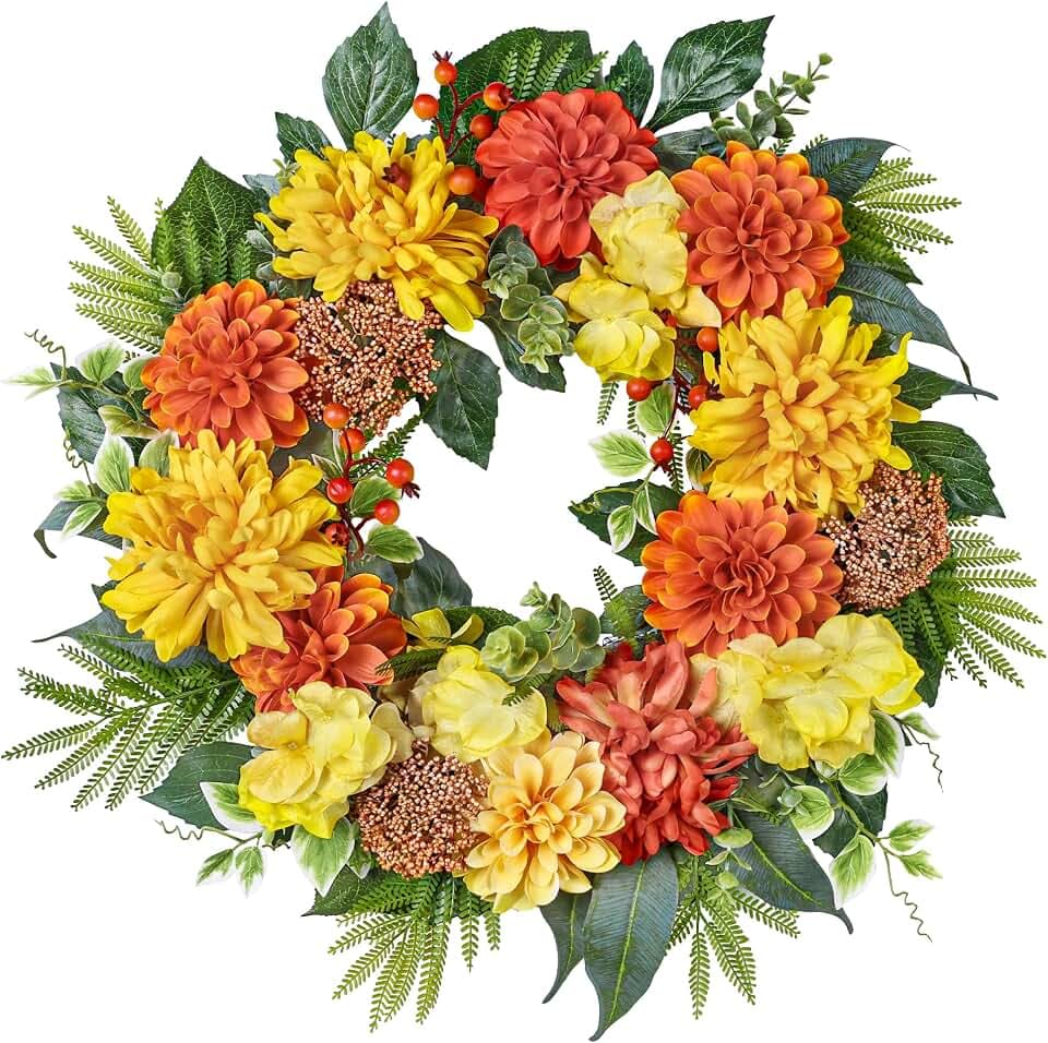 24-Inch Fall Wreaths for Front Door with Hydrangeas Dahlias Daisy Silk Flowers and Berry Greenery for All Seasons Indoor Outdoor Wedding Farmhouse Porch Wall Living Room Home Wedding Decor
