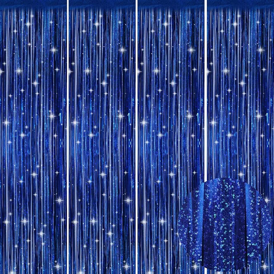 Picoway 4 Pack Foil Fringe Tinsel Backdrop Curtains, Birthday Engagement Bachelorette Party Decorations, Photo Booth Props Door Streamers Curtain (Blue)