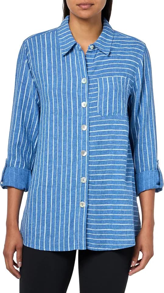 Ali Miles Woven Printed Button Front Tunic Point Collar Roll Tab Sleeves