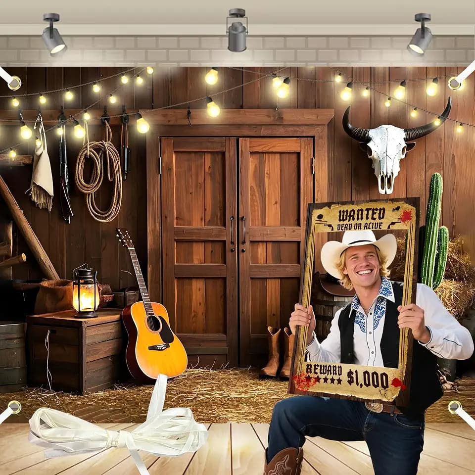 Western Backdrop for Photoshoot 8x6Ft Cowboy Backdrop Wild West Saloon Rodeo Theme Birthday Party Decor Photoshoot Supplies with 32.8 ft Ribbon and Wanted Photo Booth