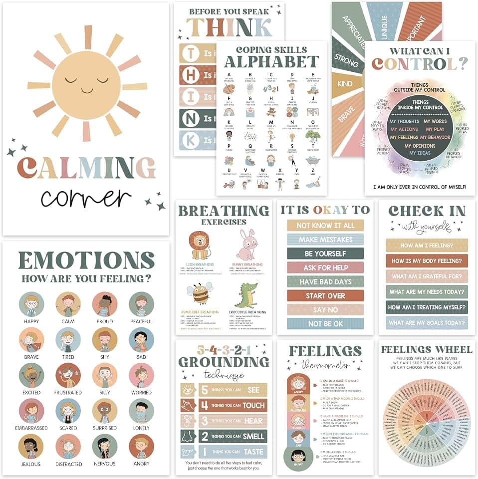 BEAWART Calming Corner Classroom Posters, 12 Pack 10x14 Boho Feelings Chart