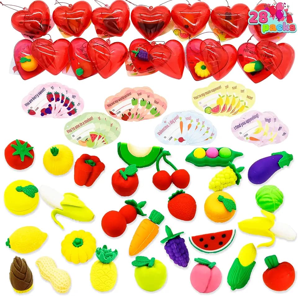 JOYIN 28 Packs Valentine Party Favors Set with Fruit and Vegetable Eraser Filled Hearts and Valentine Cards for Kids Valentine Classroom Exchange Heart Valentine Eraser for Kids Valentine Prizes