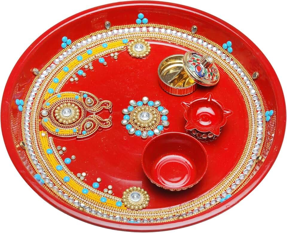 Pooja Thali Plate Platter Engagement Plate Decorative Stainless Steel Puja Thali with Essential Pooja Articles Indian Traditional Festival Laxmi Poojan Diwali Decorations Return Gifts (Size-10")(Red)