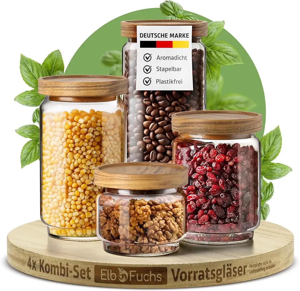 ElbFuchs® Vorratsgläser Set mit Deckel NEU [LUFTDICHT & MOTTENSICHER] Vorratsdosen Glas mit Holzdeckel | Aufbewahrungsgläser für Gewürze und Lebensmittel | 300, 500, 700 & 1000ml