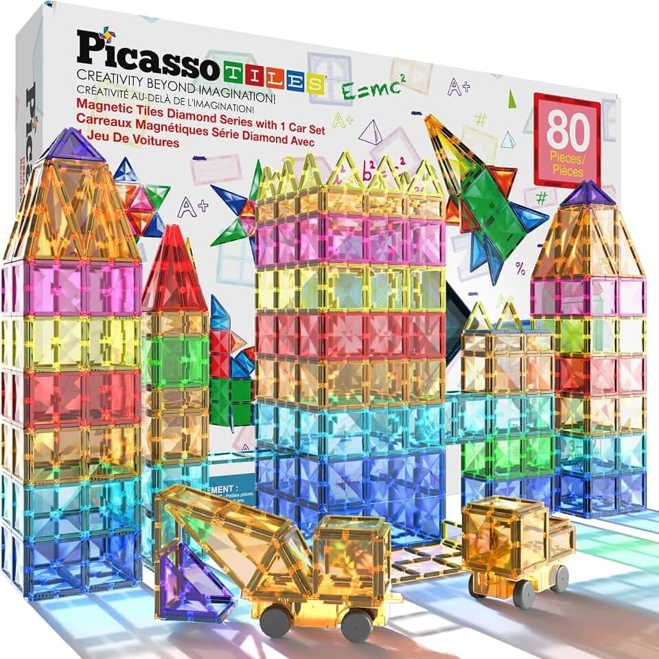PicassoTiles 80 Piece Magnetic Tiles, STEM Building Set with Car, Ages 3+