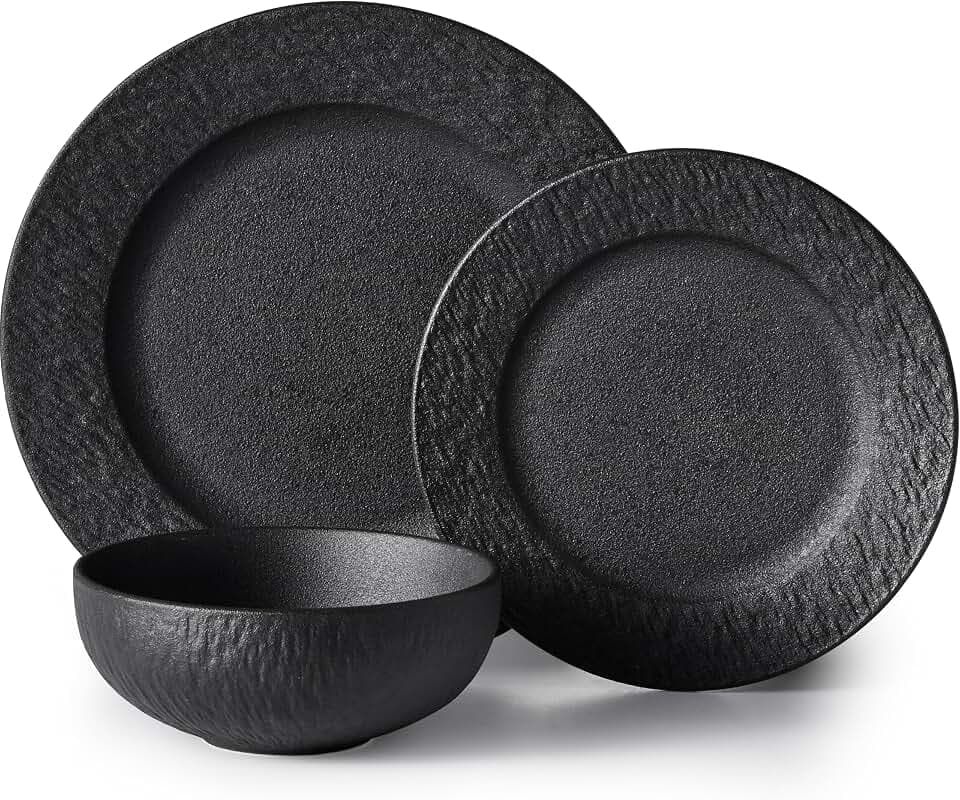 Black Dinnerware Sets, 3-Piece plates and bowls sets, Matte Marble