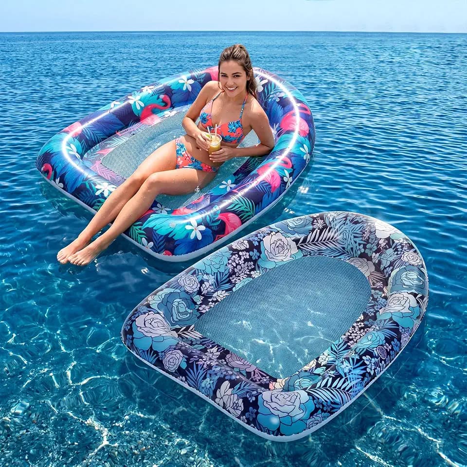 Outus 2 Pack Inflatable Pool Floats for Adults 45" Large Fabric Covered Comfort Pool Lounge Chairs with Cooling Mesh Flamingo Floral Print Mesh Swimming Hammock Rafts for Summer Beach Lake
