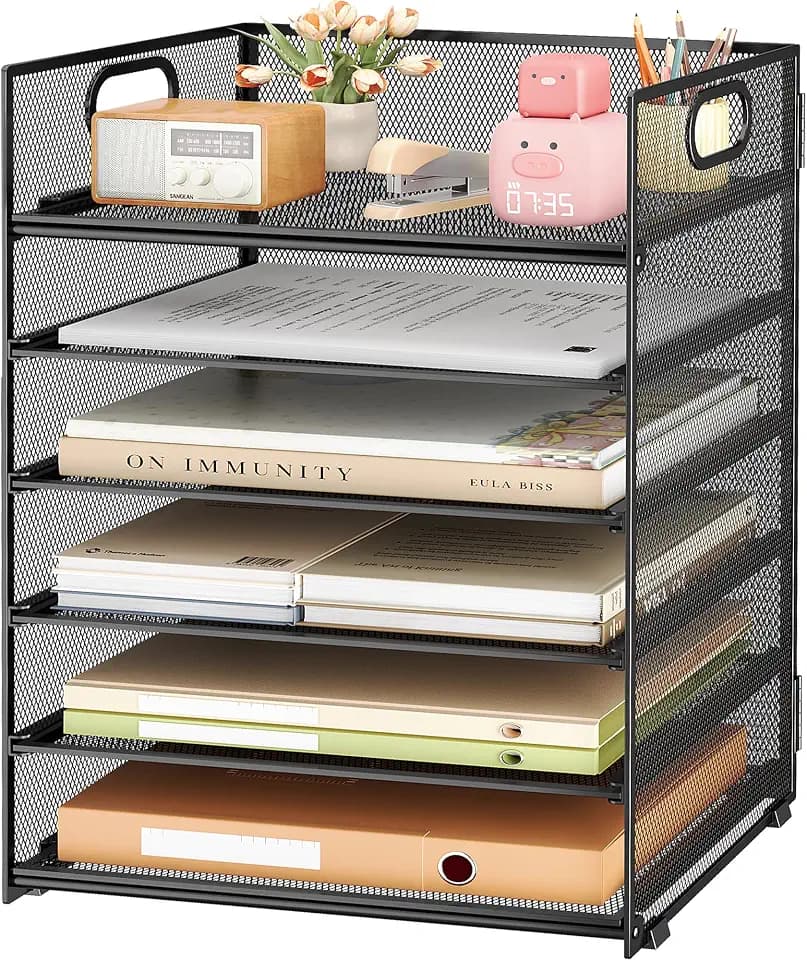 6 Tier Paper Organizer with Handle,Construction Teacher Desk Decor,Black