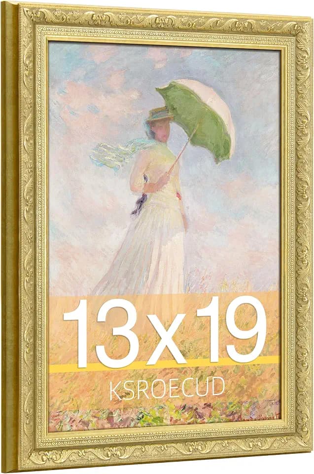 13x19 Picture Frame, HD Real Glass 13x19 Ornate Vintage Photo Frame, 13 by 19 Oil Painting Poster Frame with Vintage Gold Border and Distressed Rust-Like Finish, Horizontal & Vertical Display for Tabletop or Wall Decor (1 Pack）
