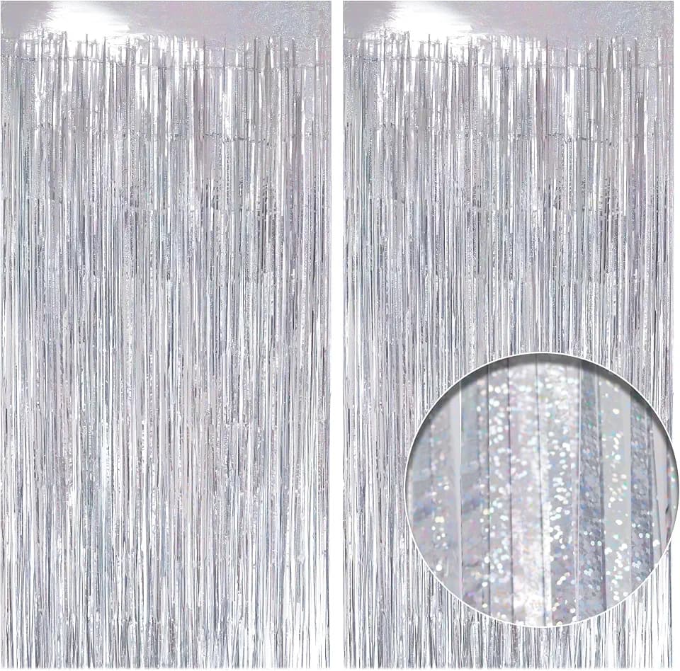 2 Pack Holographic Silver Fringe Backdrop, 3.2x8.2ft Shining Foil Tinsel Curtains, Birthday Party Decorations Door Streamers for Halloween, Christmas, Wedding, Graduation, Holiday, Theme Events