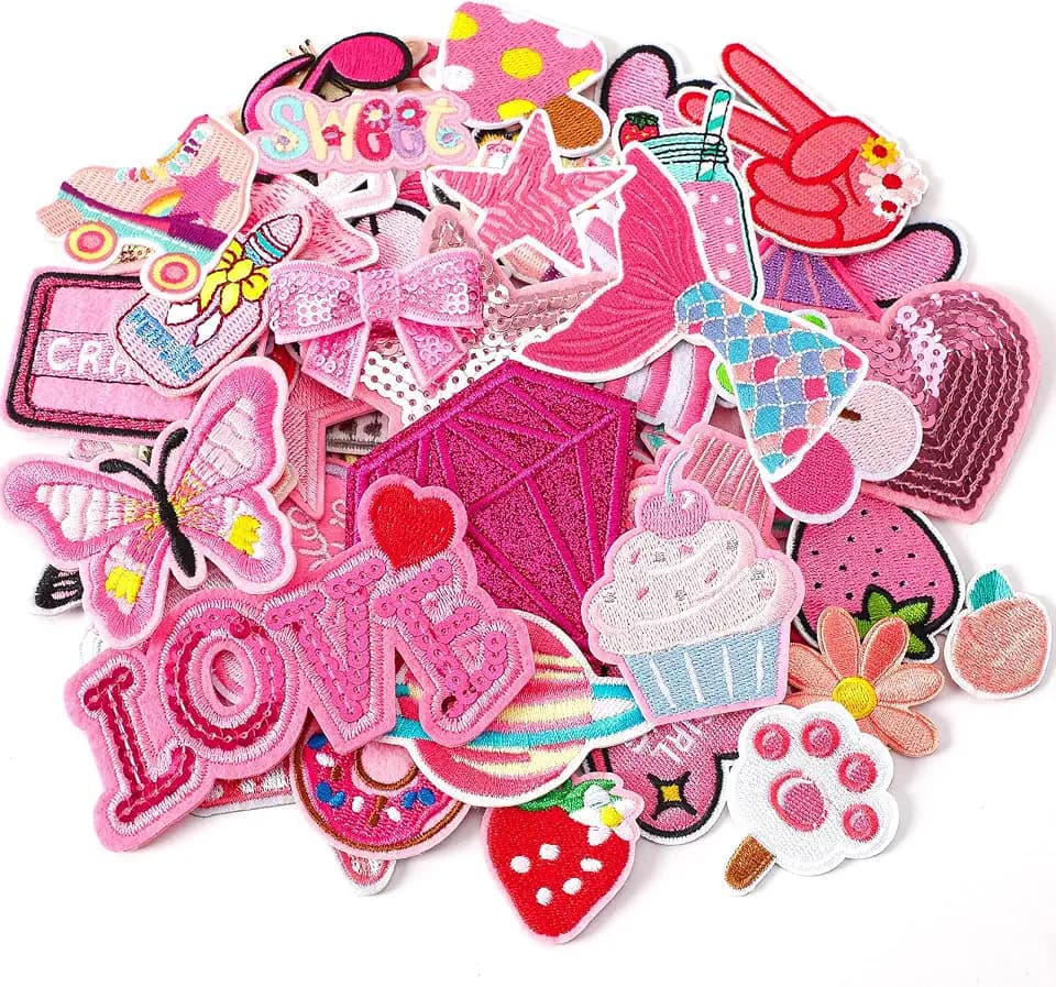 AUGSUN 60 Stück rosa bestickte Flicken zufällig sortierte Stile rosa Thema zum Aufbügeln für Mädchen, Western-Cowgirl, DIY-Aufnäher, Reparaturflicken, niedliche Aufnäher für Rucksäcke, Hosen