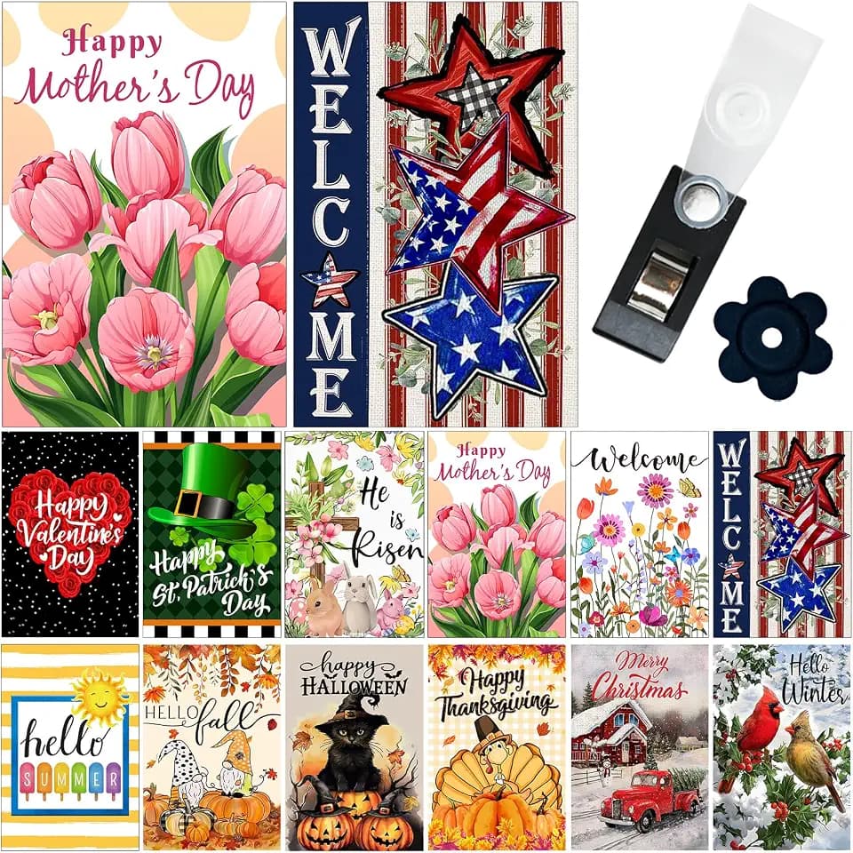 Seasonal Garden Flag Set of 12 Double Sided 12x18 Inch, Holiday Mothers Day 4th of July Garden Flag for Outside, Small Yard Flags for the Entire Year, with Free Anti-Wind Clip and Stopper