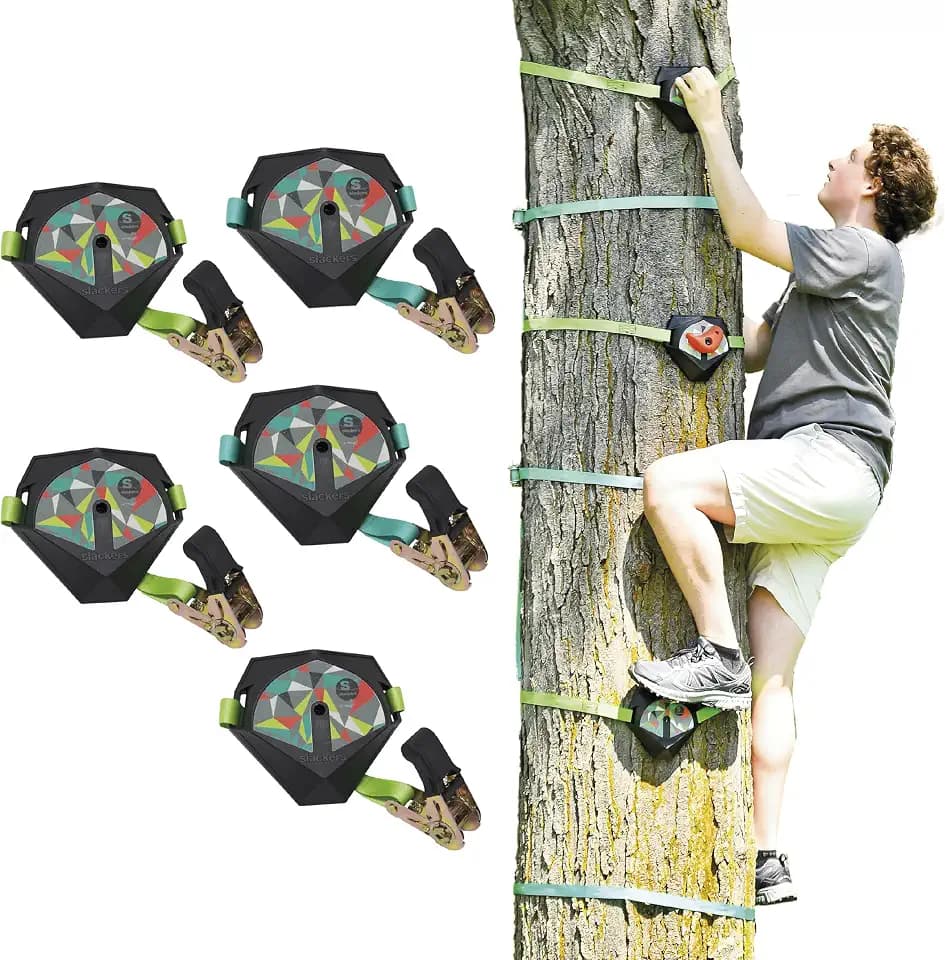 Slackers Ninja Treeclimbers Kletterset - 5 Baumtrittplatten mit Anti-Rutsch-Griptape & 4 Klettergriffen - Kletterhilfe für Kinder & Familien - Baumklettern für Garten & Baumhaus - max. 113 kg