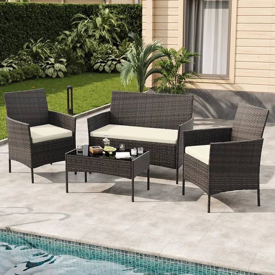4-Piece Outdoor Furniture Set, PE Rattan Wicker Chairs with Soft Cushions & Tempered Glass Coffee Table - All-Weather Patio Set for Garden, Backyard, Porch, Poolside (Brown/Beige)