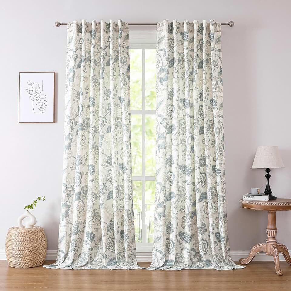 Kayne Studio Blue Grey Jacobean Floral Rod Pocket Semi Sheer Curtains 90" L