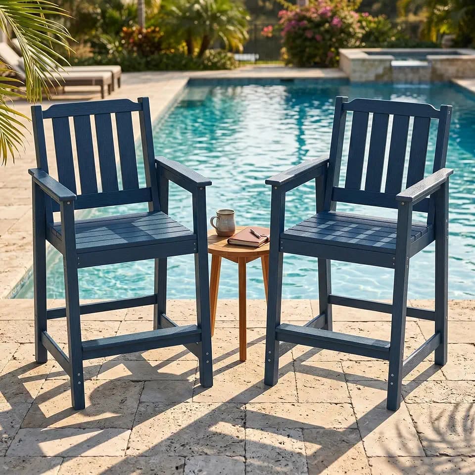 GarveeHome Outdoor Bar Chairs Set of 2, Patio HDPE Garden Chairs with Ergonomic Wide Seat and Footrest, Waterproof, All-Weather Durable Bar Stools for Balcony, Backyard, Poolside, Navy Blue