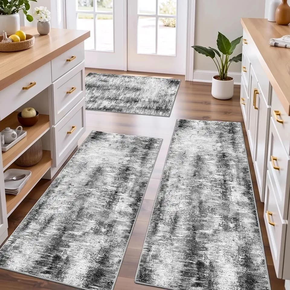 Tritard Upgrade Non Slip Kitchen Rugs Sets of 3 Washable Kitchen Mats for Floor Abstract Kitchen Runner Rug Ultra Soft Floor Mat Set Kitchen Carpet Rugs for Hallway, Laundry, Entryway, Office, Grey