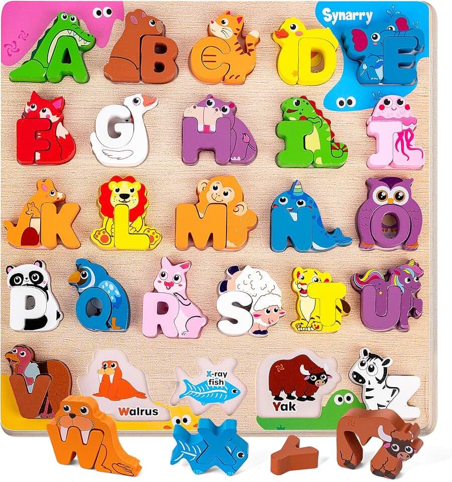 SYNARRY Wooden Alphabet Puzzle, 52 Pieces ABC Puzzles for Kids Ages 3-5, Alphabet ABC Letter Blocks Puzzles for Children 3-5, Animals Letter Matching Preschool Learning Toys, Easter Gifts for Kids