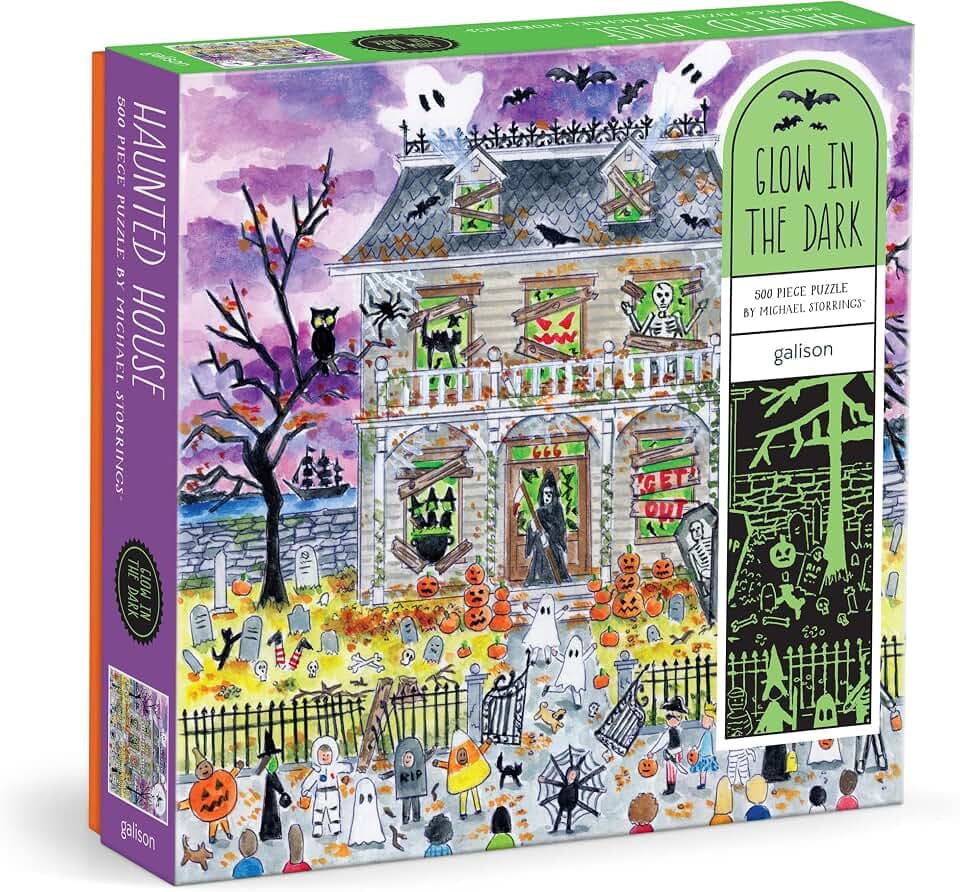 Galison Haunted House – 500 Piece Glow in The Dark Jigsaw Puzzle Featuring Spooky Artwork of A Haunted House