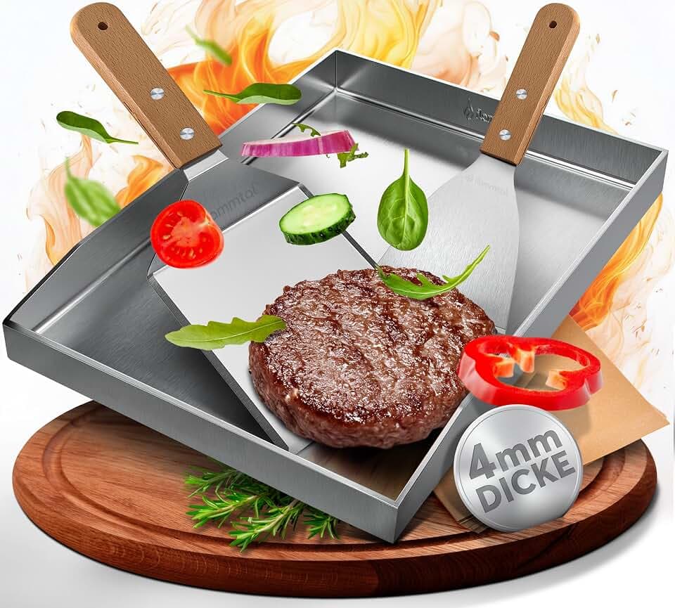 flammtal - Grillplatte aus 4mm rostfreiem Edelstahl [40 x 30cm] - Plancha mit Grillspachtel Set & Burgerpapier - passend für Gas- & Kohlegrill - auslaufsichere Ecken für sauberes Grillen
