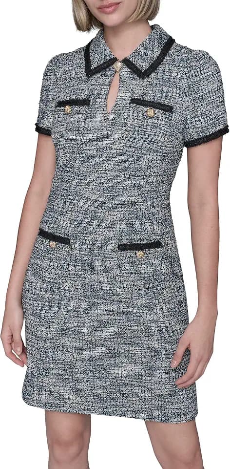 Karl Lagerfeld Women's Short Sleeve Keyhole Neckline Knit Tweed Dress