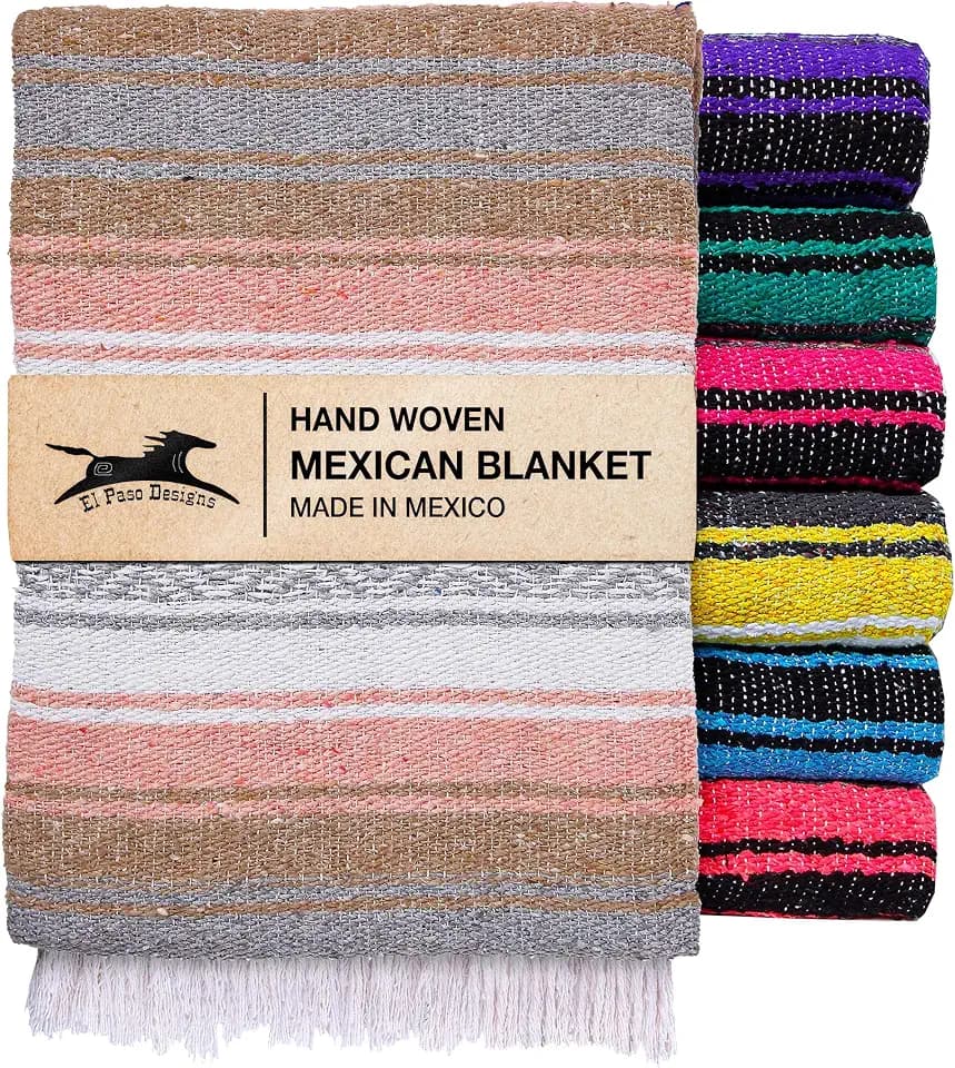 El Paso Designs Mexican Yoga Blanket – Colorful Falsa Serape Throw for Yoga, Beach, Picnic, Saddle, or Home Décor – Soft Woven Boho Blanket (Champagne)