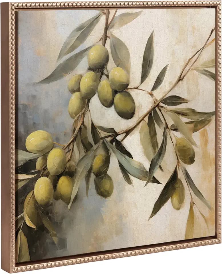 Kate and Laurel Sylvie Beaded Olive Tree Vintage Framed Canvas Wall Art by The Creative Bunch Studio; 22x22 Gold; Natural Olive Branches Art for Wall