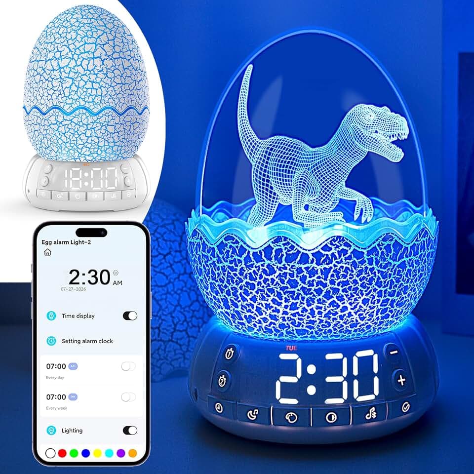 Upgraded Dinosaur Egg Alarm Clock with White Noise Machine & APP Control