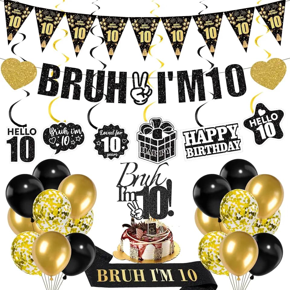 10th Birthday Decorations Boys Banner - 28 Pcs Glitter Bruh I'M 10 Banners Triangle Bunting Swirls Garland Shoulder Strap Balloons Cake Topper Decor for 10 Year Old Double Digits Party Supplies