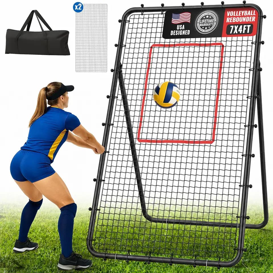 7x4FT Volleyball Rebounder Net, 5-Angle Trainer with 2 Nets
