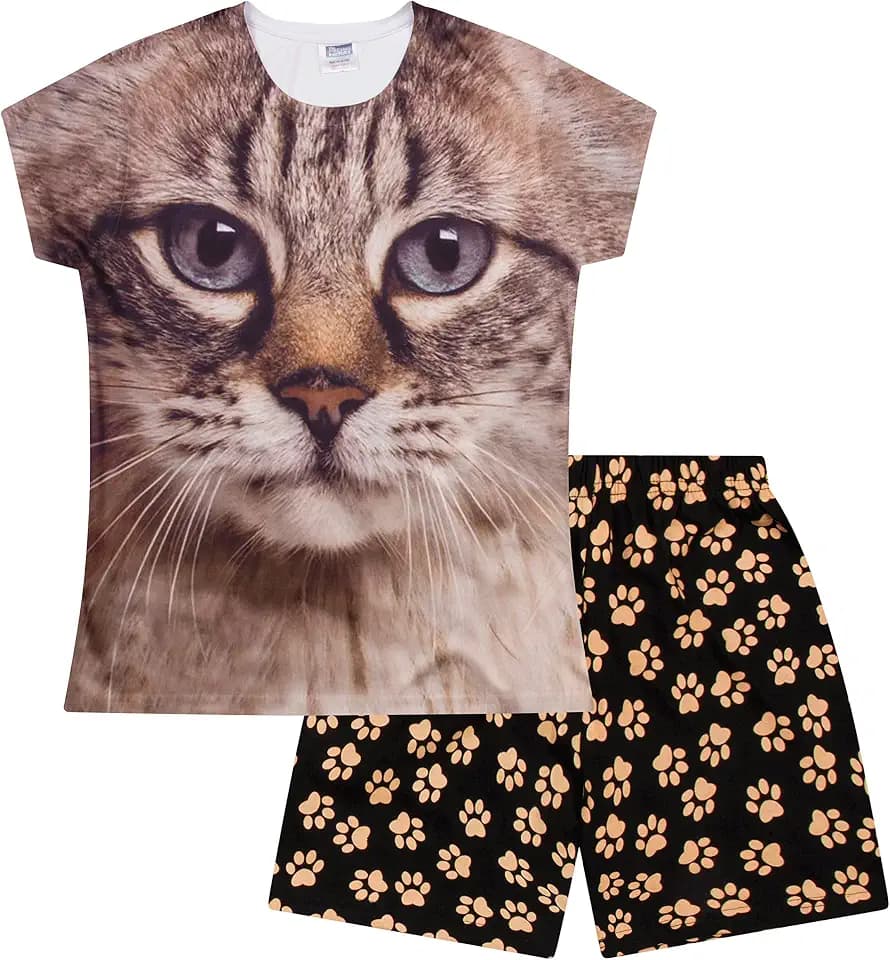 Kurzer Schlafanzug für Mädchen, Katze, getigert, Braun