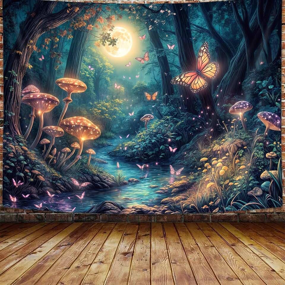 Xguatan Fantasy Forest Mushroom Tapestry Butterfly Mushroom Moon Wall Tapestry Magical Trees Tapestries for Bedroom Aesthetic Bedroom Room Decor 90X70 Inches