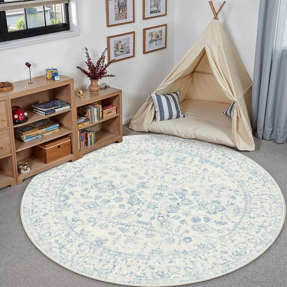 PureCozy Blue 4x4 Round Area Rug Vintage Washable Carpet Non Slip