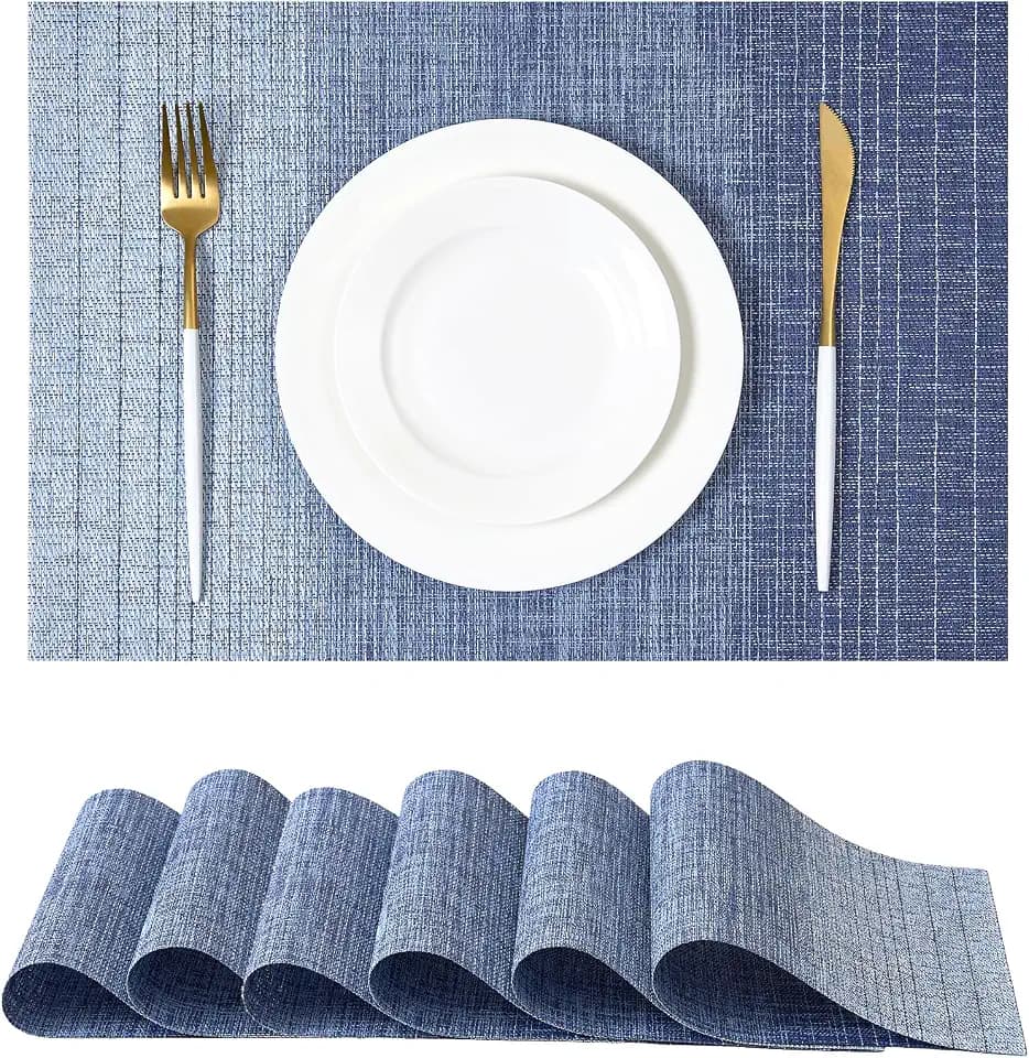 Gradient Blue Woven Placemats Set of 6 - Heat Resistant Non-Slip Place mats for Dining Table, Washable Durable PVC Vinyl Woven Table Mats(Gradient Blue, 6)