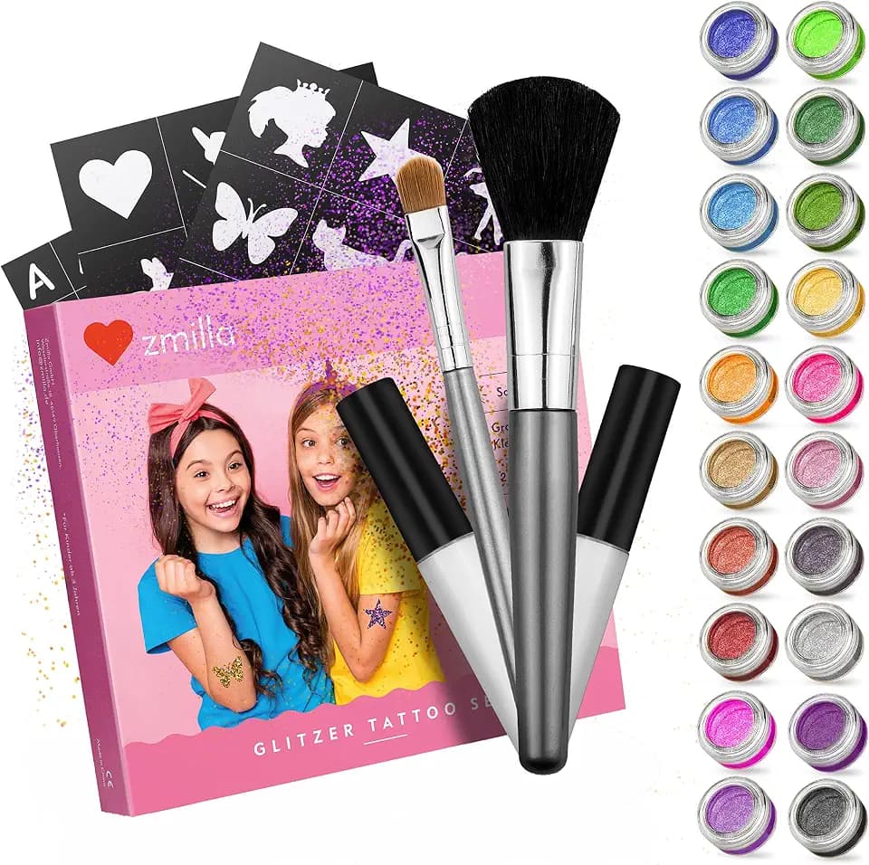 ZMILLA® BIO Glitzer Tattoo Set Kinder (20 Farben | 100 Schablonen) Für Mädchen - Glitzertattoos inklusive 2 Pinsel & 2 Kleber | Biologisch abbaubarer Glitzer