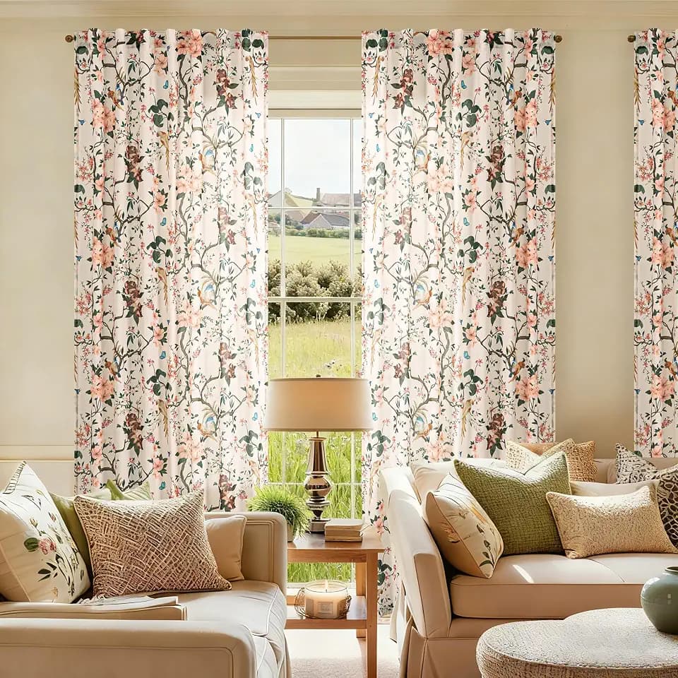 Tan Beige Linen Floral 102 Inch Curtains for Living Room Boho 2 Panels