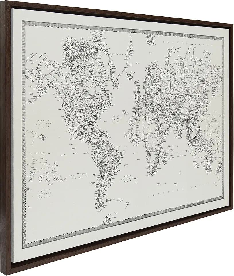 Kate and Laurel Sylvie Vintage Black and White World Map Framed Canvas Wall Art by The Creative Bunch Studio; 28x38 Brown; Travel Adventure Map Art Wall Décor