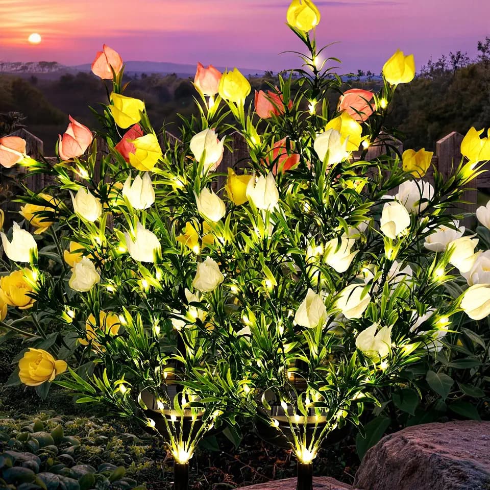 GIGALUMI Solar Garden Lights with Gardenias, 4 Pack LED Garden Decor Carefree Solar Flowers Outdoor Waterproof, Yard Decorations Outdoor, Allergy-Free Light up Flowers for Yard (2white+1yellow+1pink)