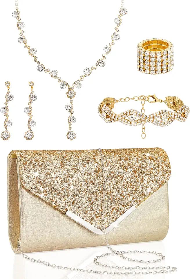 Henoyso 5 Pcs Jewelry Set, Rhinestone Clutch Purse for Prom