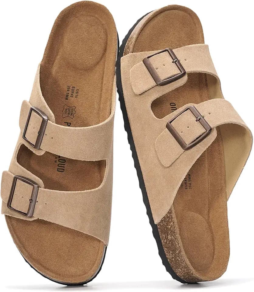 Mens Sandals, 100% Genuine Leather Mens Slides Cork Footbed Sandals for Men