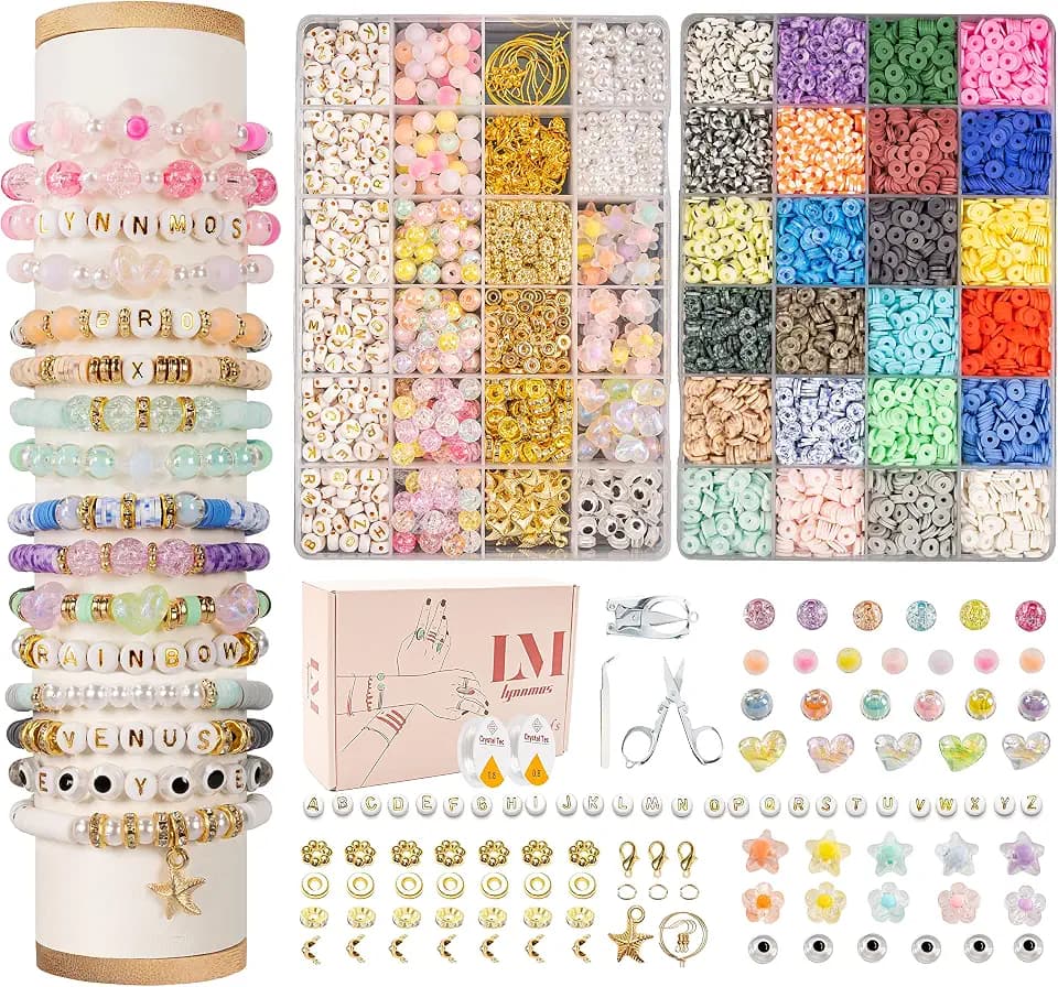 Lynnmos Perlen zum Auffädeln, 8500+ Stück Perlen Set, 6mm Polymer Clay Perlen für armbänder, 2 Boxen Armbänder Selber Machen mit Buchstaben, Schmuckherstellung Kit für Ringen Halsketten Geschenk