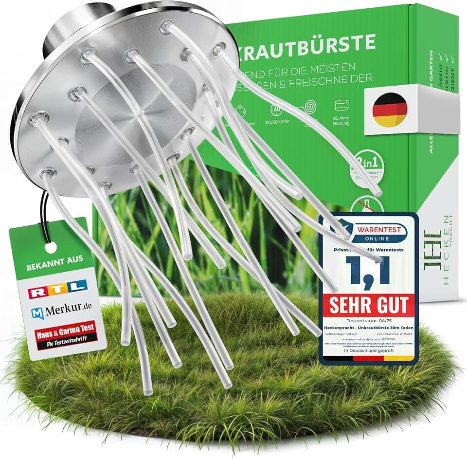 Heckenpracht® Profi Unkrautbürste für Freischneider groß | inkl. 30m stabilem Nylon-Faden | Untergrundschonende Wildkrautbürste für Motorsense | 25,4mm Bohrung | Freischneider Zubehör