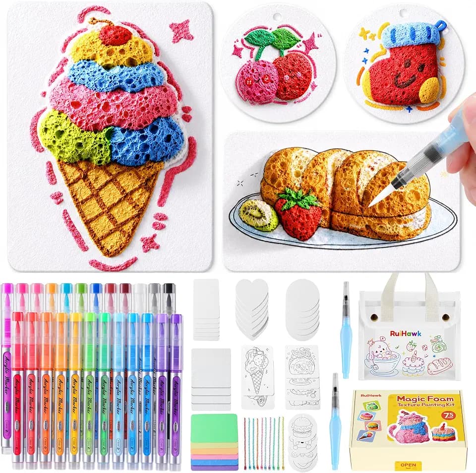 RuiHawk 75 Magic Puffy Paint Set, 3D Schaumtextur-Malset für Kinder mit 38 Blättern & 24 Acryl-Markern, Nicht Giftig & Wasserlöslich - Kreativset Geschenk ab 5 Jahren